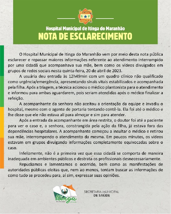 Hospital Municipal de Itinga do Maranhão NOTA DE ESCLARECIMENTO